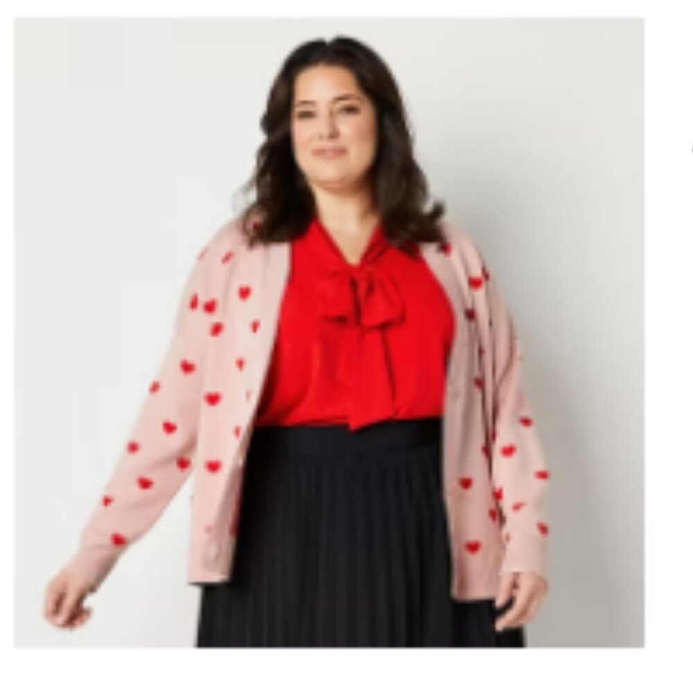 Abbott Elementary Womens Plus V Neck Long Sleeve Hearts Cardigan  2x|Light Pink